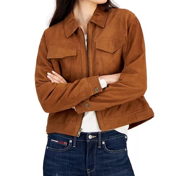 Tommy Hilfiger Women's Suede Zip Trucker Jacket‎ Camel XL - Picture 2 of 10